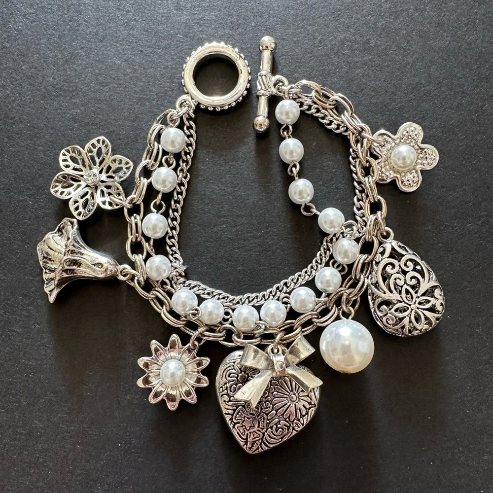 Triple Strand Silver Tone & Pearl Charm Bracelet Ornate Hearts and Floral Charms